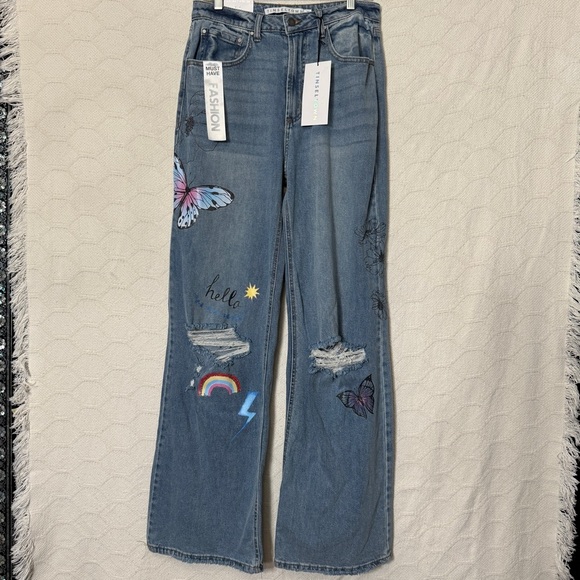 Tinseltown High-Rise Wide-Leg Butterfly Jeans Size 11 Raw Hem - Picture 1 of 9